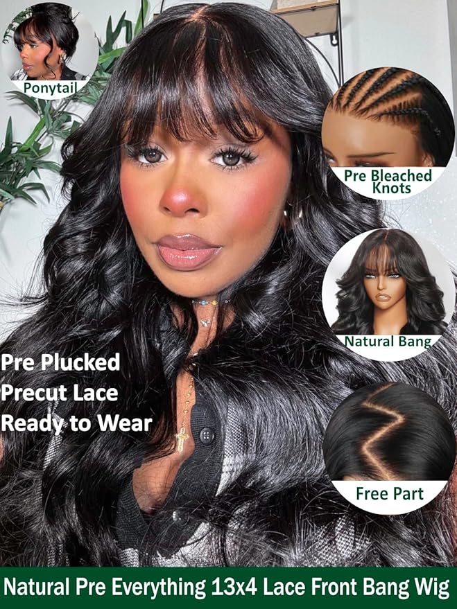 KLAIYI Pre Everything Glueless 13x4 Lace Front Wigs Human Hair Loose Body Wave Bye Bye Knots Pre Cut Lace Pre Bleached Pre Plucked 30S Ready to Wear And Go Frontal Wig with Natural Curtain Bang 20Inch
