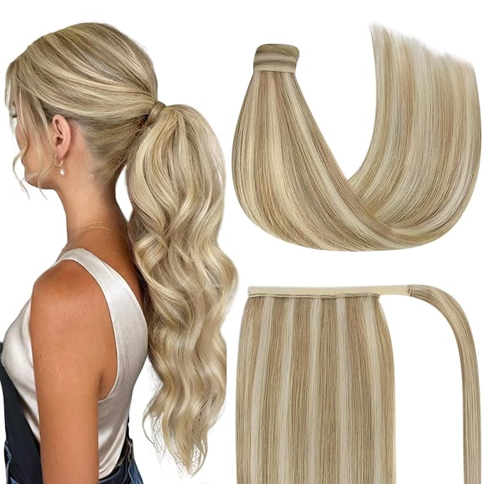 Ve Sunny Hair Extensions Ponytail Real Human Hair 80G Wrap Around Clip in Ponytail Hair Extensions Straight Extensions Human Hair for Women Dark Golden Blonde Highlights 14inch