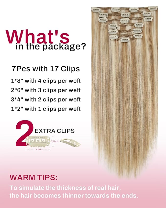 Moresoo Clip in Hair Extensions Remy Double Weft Human Hair Clip in Extensions Straight Hair Extensions for Women Dark Ash Blonde Highlight with Golden Blonde 7pcs 120g 20inch