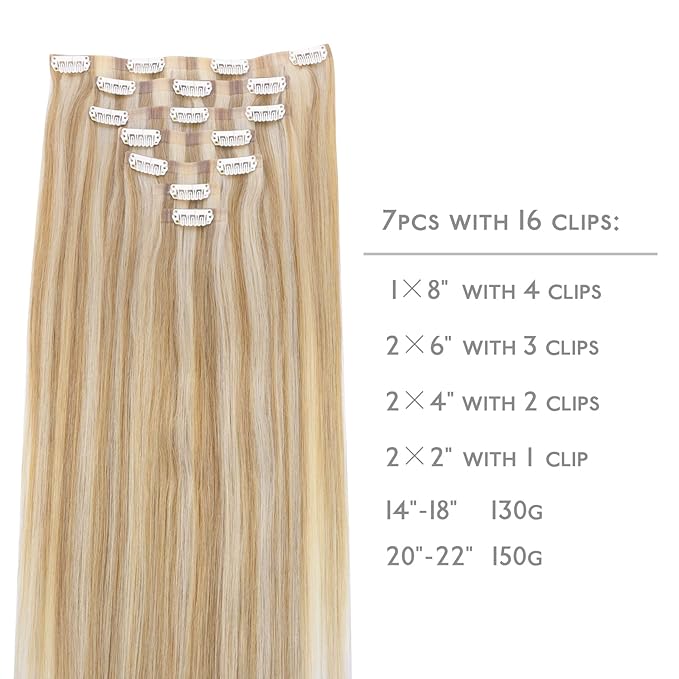 WENNALIFE Seamless Clip In Hair Extensions, 20 Inch 150g 7pcs Dirty Blonde Highlighted Bleach Blonde Hair Extensions Clip in Human Hair Invisible PU Skin Weft Natural Remy Human Hair Extensions
