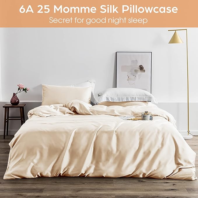 Silk Pillowcase for Hair and Skin, 2 Pack 100% Mulberry Silk Pillowcase 25 Momme, 600 Thread Count, Both Side Pure Silk Pillow Cover with Hidden Zipper (Beige, Queen 20''×30'')