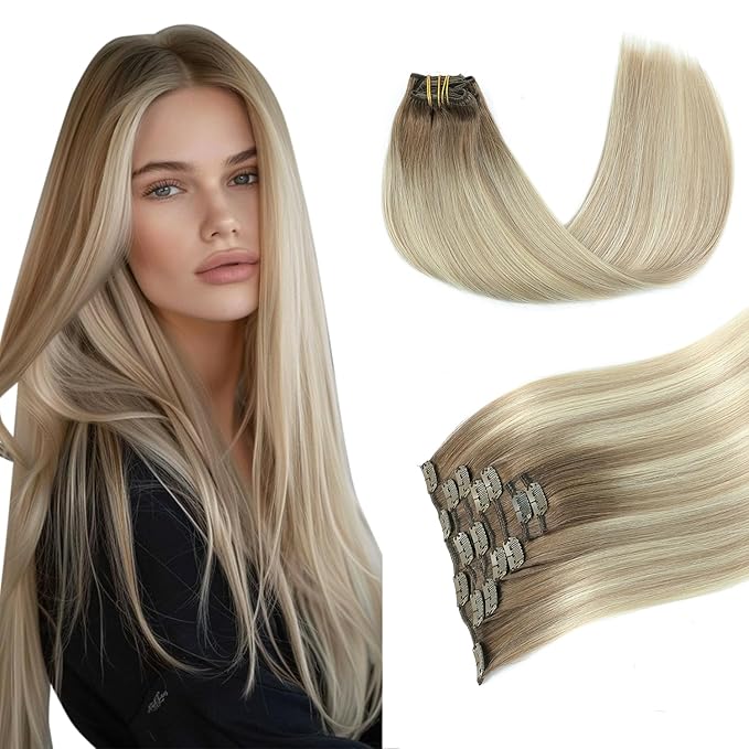 PINKPEARL Clip in Hair Extensions Real Human Hair, 18 Inch 120g 7pcs Human Hair Extensions Clip In, #8/60/18 Balayage Ash Brown to Platinum Blonde and Ash Blonde(#8/60/18-18)