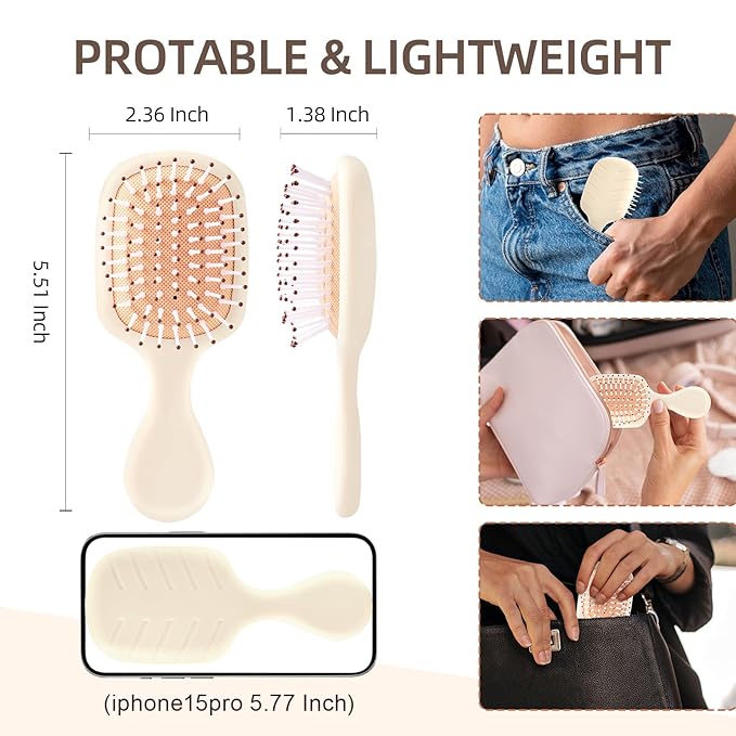 Mini Hair Bursh for Women Men and Kids, Protable Travel Size Hair Brush for Pockets Purses, Mini Detangler Brush for All Hair Types, Small Paddle Brush for Detangling (Beige)