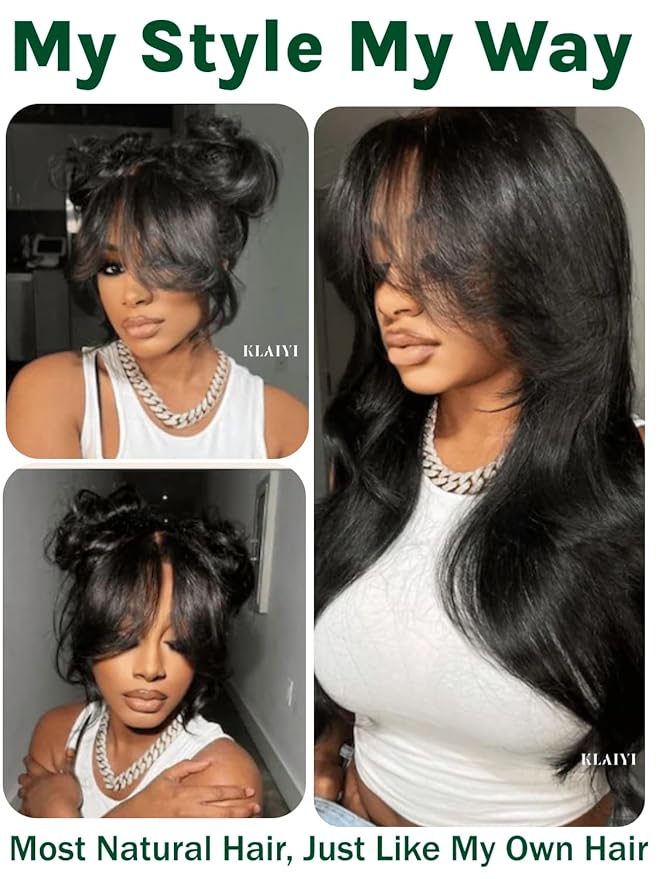 KLAIYI Fluffy Body Wave Curtain Bang Wig Bye Bye Knots Glueless Pre Cut 7x5 Lace Front Wigs Human Hair Loose Wave Pre Bleached Pre Plucked Pre Everything 3S Easy to Wear and Go Wig 180% Density 20Inch
