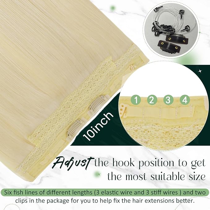 RUNATURE Wire Hair Extensions, Bleach Blonde Human Hair Extensions with Fish Line, Secret Clip in One Piece Extensions, Natural Remy Hair, Can Be Styled, 20 Inch 100g #24
