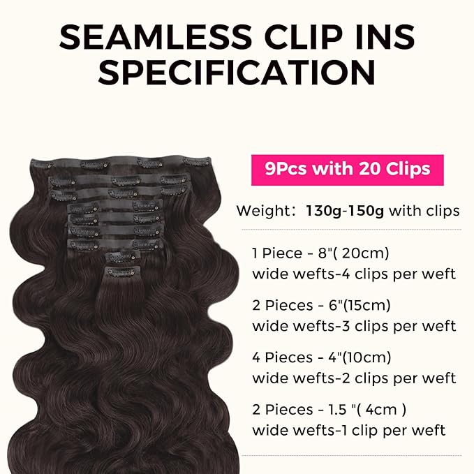 Lashey Seamless Clip in Hair Extensions Human Hair 150g 9pcs 24 Inch Body Wave #2 Dark Brown Clip for Women PU Weft Hair Extensions