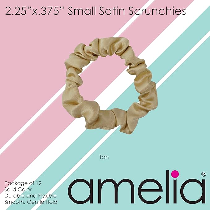 Amelia Beauty, Tan Satin Small Scrunchies, 12-Pack – No Damage Hair Ties for Women, Gentle & Durable Hair Accessories, 2.5in x 0.5in