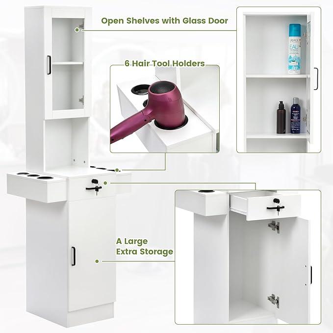 Salon Station for Hair Stylist,Hair Styling Storage Cabinet with Glass Door,Tool Dryer Holders, Salon Beauty Spa Barber Hair Staion, White