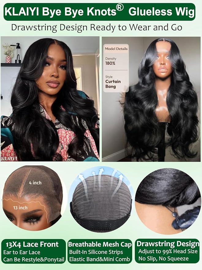 KLAIYI Loose Body Wave Pre Everything Glueless 13x4Lace Front Wig Human Hair Drawstring Precut Lace Pre Plucked Bleached Bye Bye Knots 3S Ready to Wear and Go Wig with Face Framing Curtain Bang 20Inch