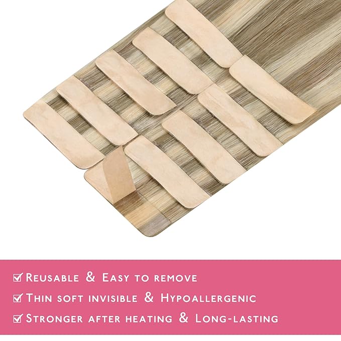 WENNALIFE Tape in Hair Extensions Human Hair Ash Brown with Platinum Blonde Highlights, 10pcs 30g 26 inch Remy Hair Invisible Tape Ins Straight Colored Soft Refill Set