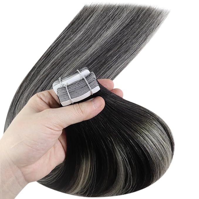 YoungSee Black Tape in Hair Extensions Human Hair Invisible Tape on Human Hair Extensions Ombre Black to Silver Real Hair Tape-in Extension for Women Silky Straight Hair Extensiones 18In 50g 20pcs