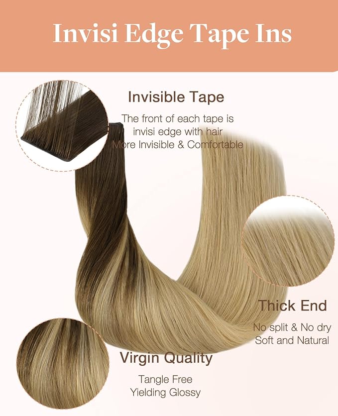 GOO GOO Invisi Edge Tape in Hair Extensions Human Hair, 4/18 Balayage Chocolate Brown Highlighted Dirty Blonde, 20pcs 22inch 50g, Virgin Remy Hair, Seamless Injected Tape, Natural Look