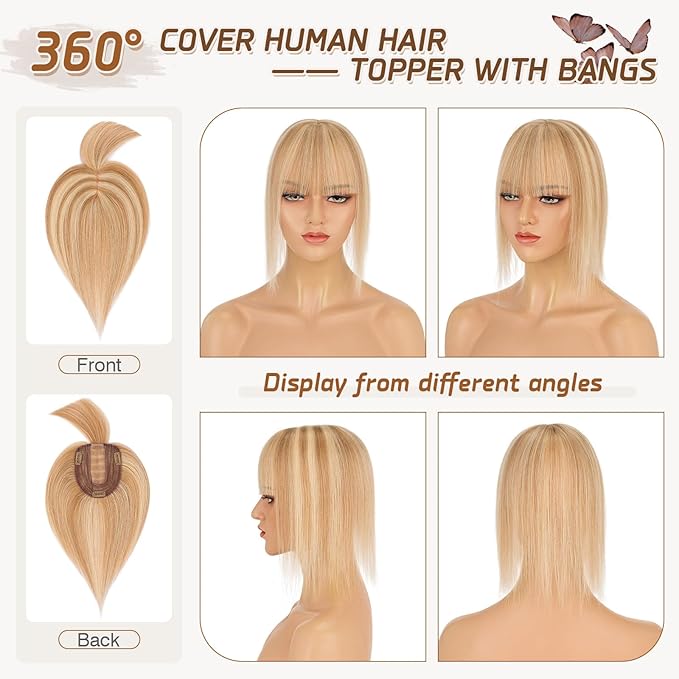 Rich Choices Real Human Hair Toppers for Women With Bang 100% Remy Human Hair Topper for Thinning Hair Clip in Silk Base Hair Topper 14 Inch #12P613 Golden Brown Mix Bleach Blonde