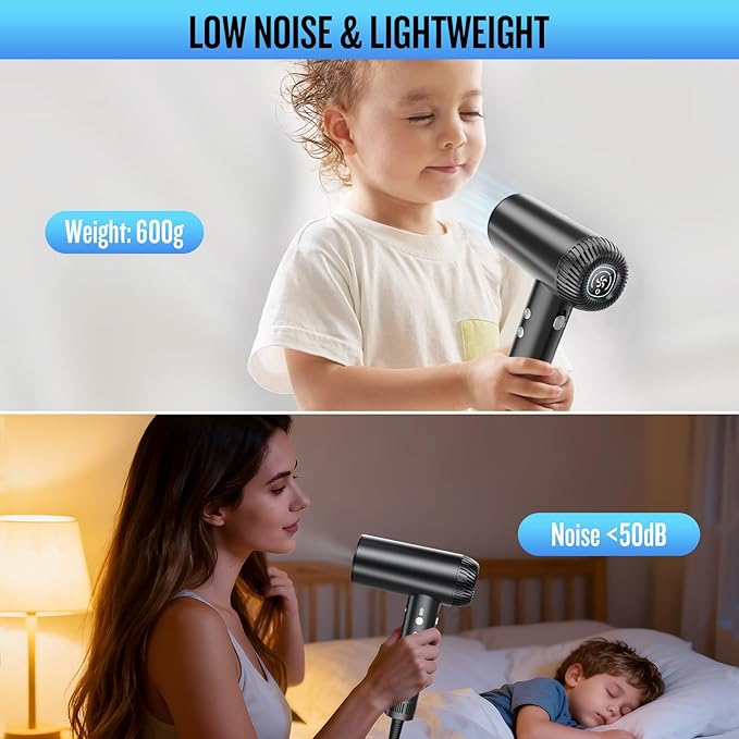 2026 Hair Dryer, 200,000 RPM Professional High Speed Blow Dryer with Diffuser for Women, 1200M Negative Ionic Hair Dryer with Brushless Motor, Low Noise Hair Blow Dryer for Home Travel Salon,Black