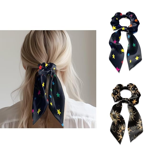 Colorful Star Sun Satin Hair Ties for Thick Curly Hair Black Elastic Hair Ties Knotted Ribbon Lightweight Scarf Scrunchies with Knot Pack of 2