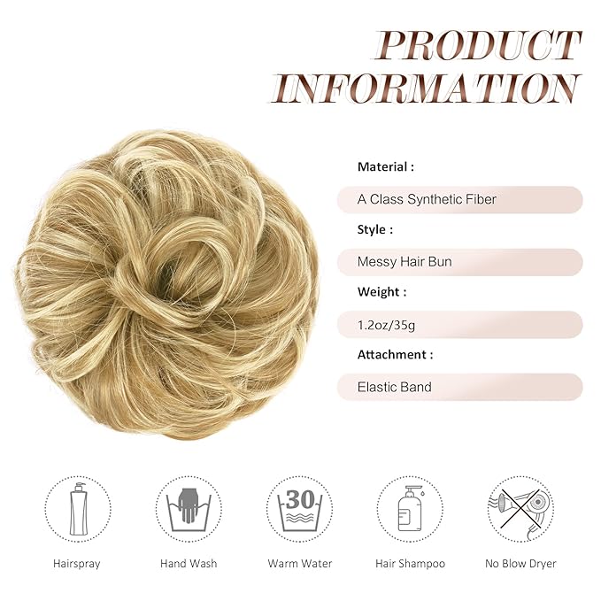 FESHFEN Messy Bun Hair Piece - Elastic Wavy Curly Hair Bun Scrunchies Extensions Synthetic Chignon Hairpieces for Women, Sunny Blonde 1.5 oz