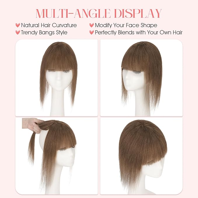 Hairro Mono Hair Toppers with Bangs, 3.4" x 3.4" Mono Base 100% Real Human Hairpieces for Women, 150% Density Clips In Topper for Greyish Thinning Hair, 16 Inch Medium Brown