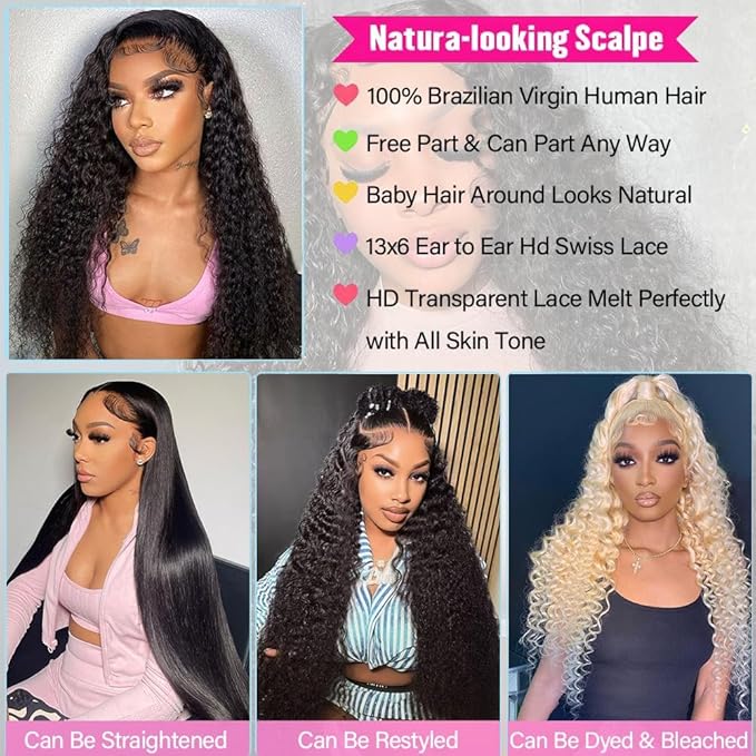 36 Inch Deep Wave Lace Front Wigs Human Hair 13x6 HD Lace Frontal Wigs for Women 200% Density Deep Curly Human Hair Wigs Pre Plucked with Baby Hair Glueless Curly Human Hair Wigs