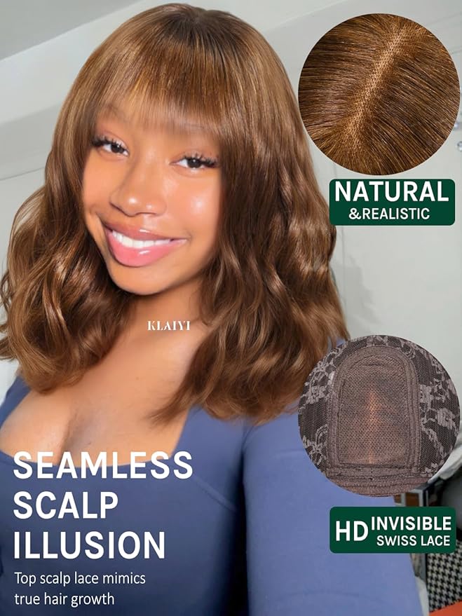 KLAIYI Brown Bob Wig Human Hair with Bangs Loose Body Wave Glueless 4x2 HD Transparent Lace Closure Chestnut Chocolate Brown with Highlight Blonde Ready to Wear and Go Beginner Wigs Pre Plucked 14Inch