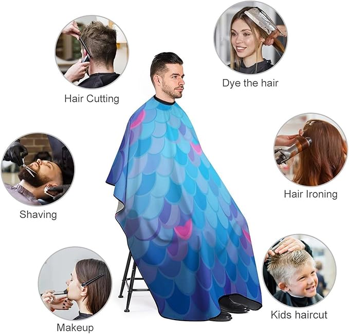 Adjustable Hairdresser Cape, Haircut Hairdressing Cloth Apron Sea Blue Mermaid Fish Scale Shampoo Cutting Household Capes Wrap for Hair Cutting