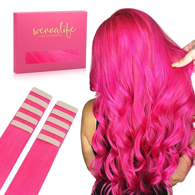 WENNALIFE Tape in Hair Extensions Human Hair Hot Pink Tape in Extensions, 10pcs 30g 24 inch Remy Invisible Tape Ins Straight Colored Soft Real Human Hair Tape in Extensions Refill Set Extensions