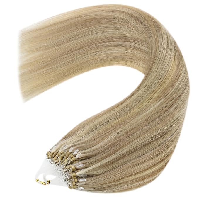 YoungSee Micro Beads Hair Extensions Blonde Microlink Hair Extensions Highlight Blonde with Golden Blond Bead Extension Human Hair for Long Hair 24Inch 50g 50s Natural Hair Extension