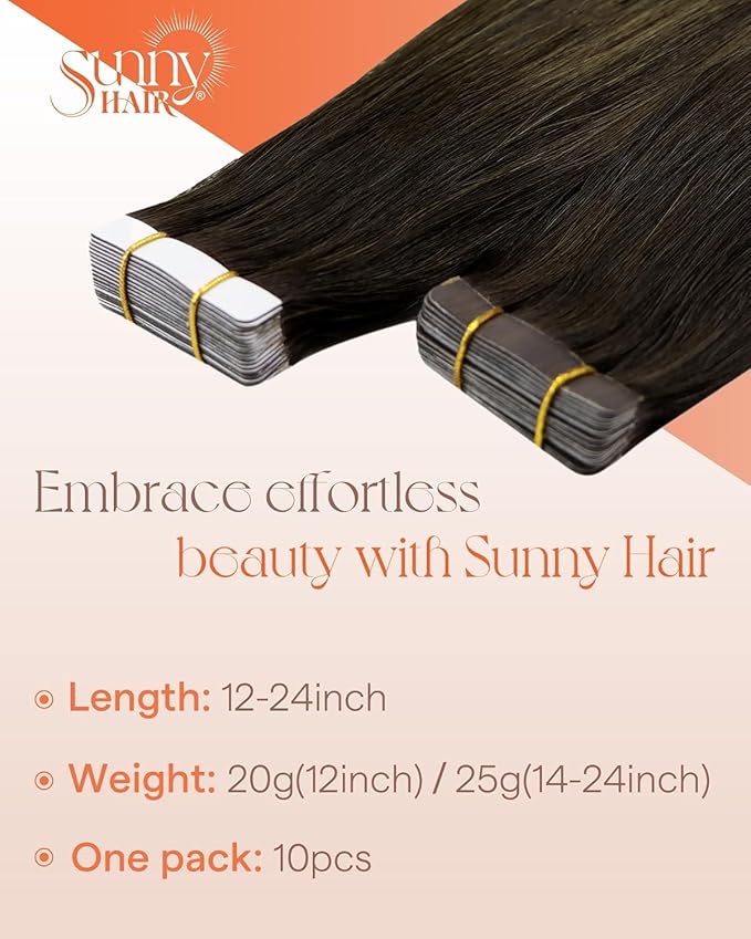 Sunny Hair Tape in Hair Extensions Real Human Hair Invisible Remy Hair Extensions Tape ins for Women Darkest Brown Ombre Medium Brown Balayage 18 inch 25G
