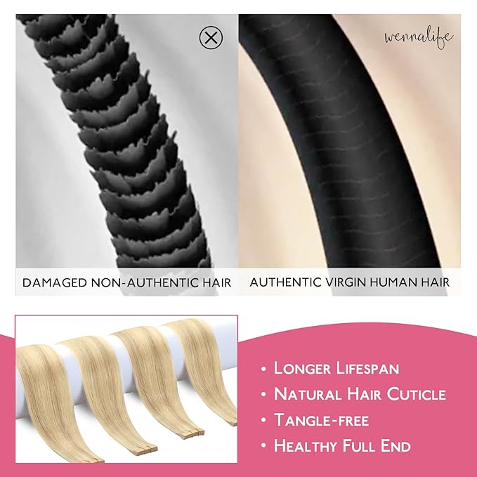 WENNALIFE Tape in Hair Extensions Human Hair Light Blonde Highlighted Golden Blonde Tape in Extensions, 10pcs 30g 20 inch Remy Invisible Tape Ins Straight Soft Real Human Hair Tape in Extensions