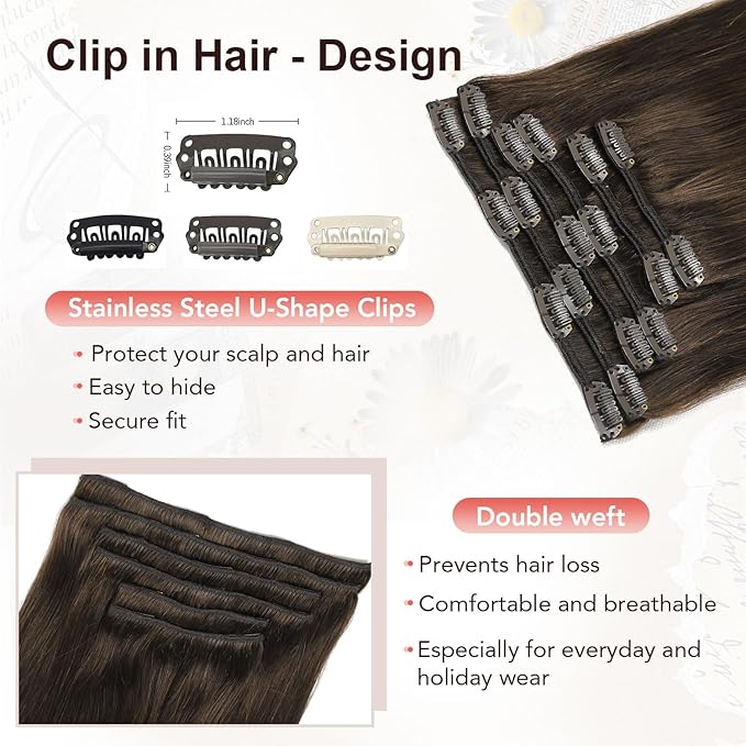 XDhair Clip in Hair Extensions 100g 14Inch Drak Brown Clip in Human Hair Extensions Straight Clip In Real Hair Extension for Women #2