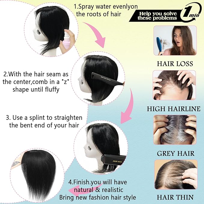 Hair Toppers for Women Real Human Hair, 360°3D Bangs Clip Human Toppers for Women with Thinning hair Realistic Scalp Line (Black, 3D French Bangs(11 * 7)) (Light Brown, 14 Inch Wispy Bangs)