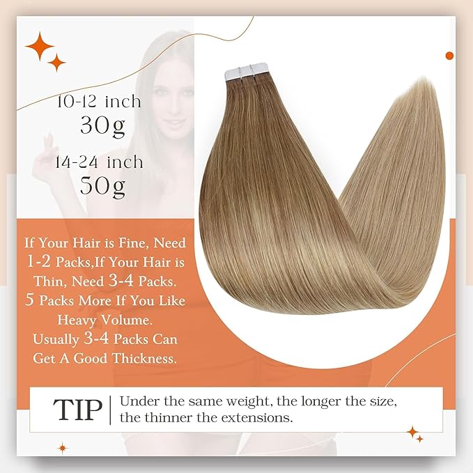 Full Shine Tape in Hair Extensions Human Hair 12Inch Tape Extensions Color 10 Golden Brown to 14 Dark Blonde Ombre Tape ins Human Hair Extensions Seamless Remy Human Hair 30G 20pcs for Wedding