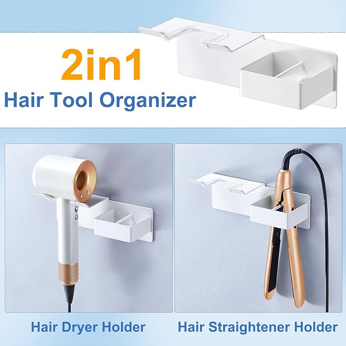 Hair Dryer Holder Wall Mounted, Hair Straightener Holder Metal, Adhesive Blow Dryer and Hair Straightener Holder, Bathroom Bedroom Hair Tool Organizer for Flat Iron,Curling Iron,Hairdryer