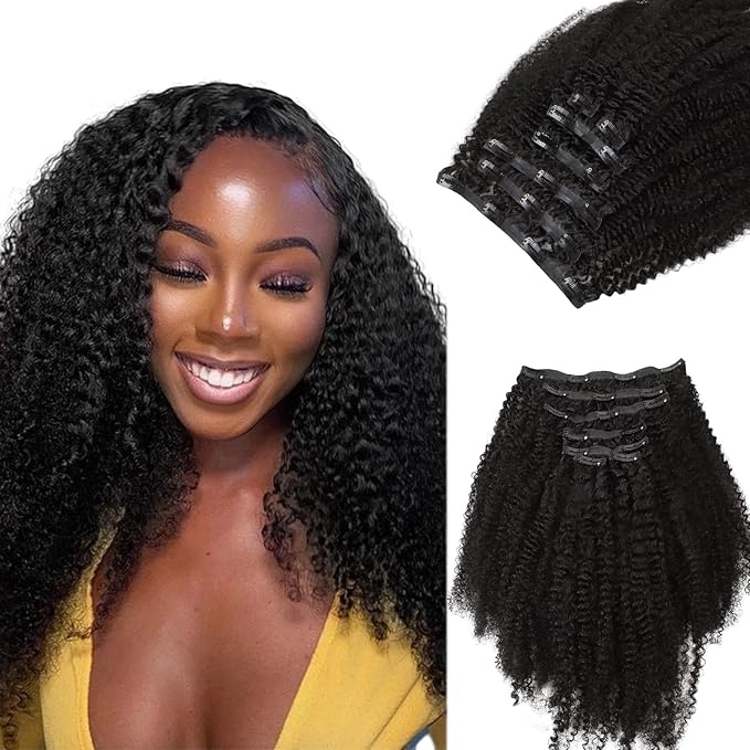 Lashey Seamless Clip in Hair Extensions Human Hair 110g 7pcs Afro Kinky Curly Clip in Hair Extensions 22 Inch Natural Black Color Hair Extension Clips