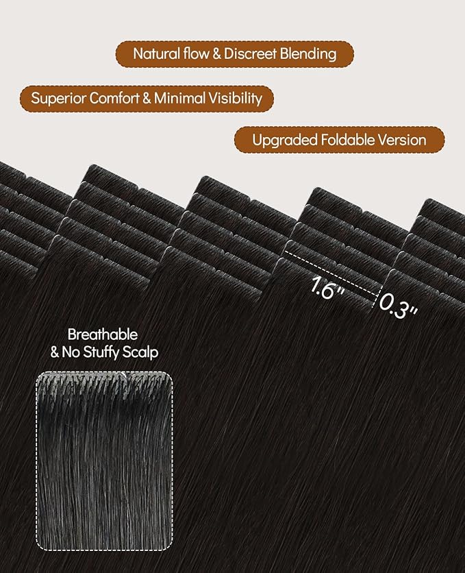 VINBAO Invisible Hair Extensions Tape in Invisi Edge, Off Black 45g 20pcs 16in Injected Tape in Extensions Human Hair Hand-Tied Pro Quality Seamless 16inch #1B