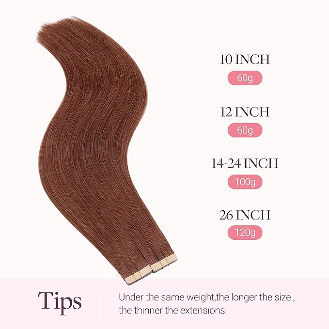 GOO GOO Tape in Hair Extensions Human Hair, #33B Dark Auburn Copper, 16inch 100g 40pcs, Skin Weft Seamless Invisible, Silky Straight with Thick Ends, Remy Human Hair