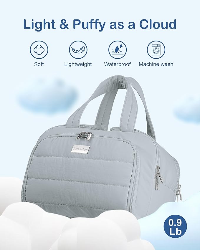 TOPDesign Travel Toiletry Bag for Women, Puffer Large Toiletry Bag, Lightweight Cosmetic Makeup Organizer with Handle for Traveling, Accessories, Essentials, Toiletries (Light Grey)