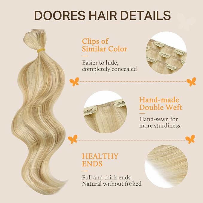 DOORES Clip in Human Hair Extensions, Dirty Blonde Highlight Golden Blonde 150g 9pcs 16 Inch, Remy Hair Extensions Clip in Natural Human Hair Extensions Thick Straight Hair