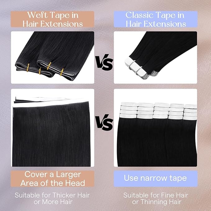 Full Shine Tape in Weft Hair Extensions Human Hair 18 Inch Color 1 Jet Black Long Genius Weft Double Sided Tape in Extensions 50G One Piece Seamless Hair Extensions Silky Straight Daily Wear