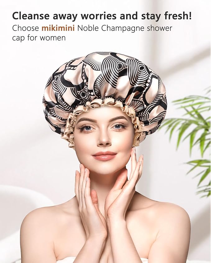 mikimini Shower cap for Women and Girls,Champagne Shower Caps with Lace, Double Layer Waterproof, Reusable, Washable, High-quality,Medium (Pack of 1)