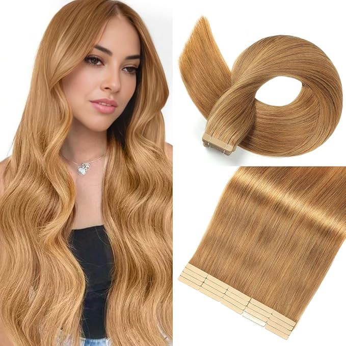 Caramel Blonde Tape in Hair Extensions Real Human Hair 24 Inch Tape for Skin Weft Hair Extension Invisible Tape in Hair Extensions Straight Remy Human Hair for Women 20pcs