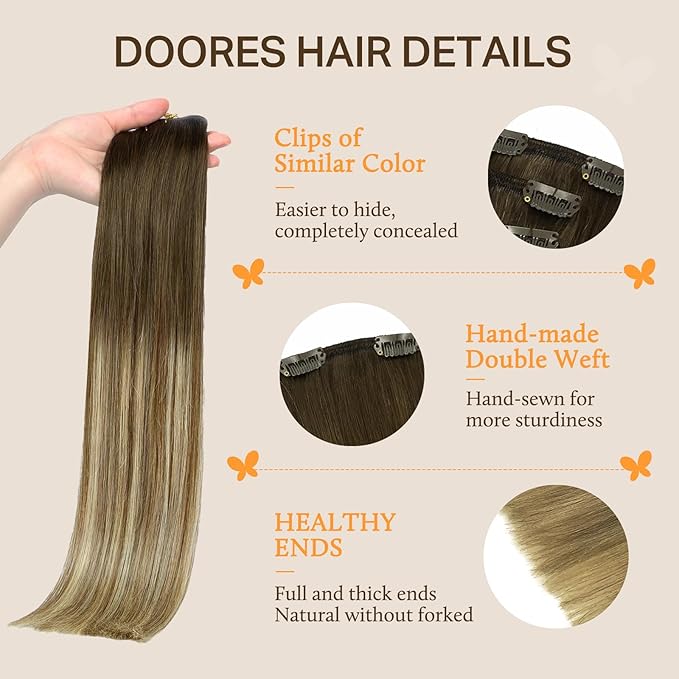 DOORES Human Hair Extensions Clip in, 80g 5pcs 18 Inch Balayage Walnut Brown to Ash Brown and Bleach Blonde, Remy Clip in Hair Extensions Straight Natural Hair Weft