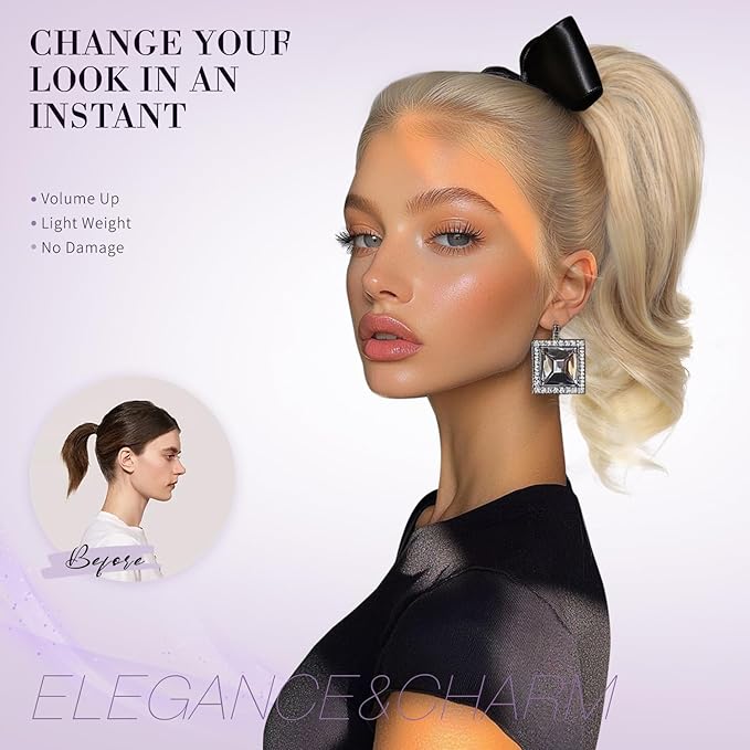 Clip on Ponytails for Women - 12 Inch Curly Ponytail Extension, Wavy Pony Tails Hair Extensions, Synthetic Hair Extensions Ponytail, Clip in Ponytail (Color: Silver Grey）