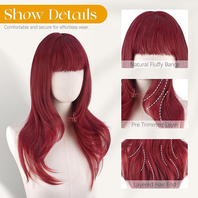 SOFEIYAN Long Straight Layered Wine Red Wig with Bangs 24 Inch Synthetic Natural Hair Burgundy Wig Soft Heat Resistant Long Wigs for Women Daily Party Use