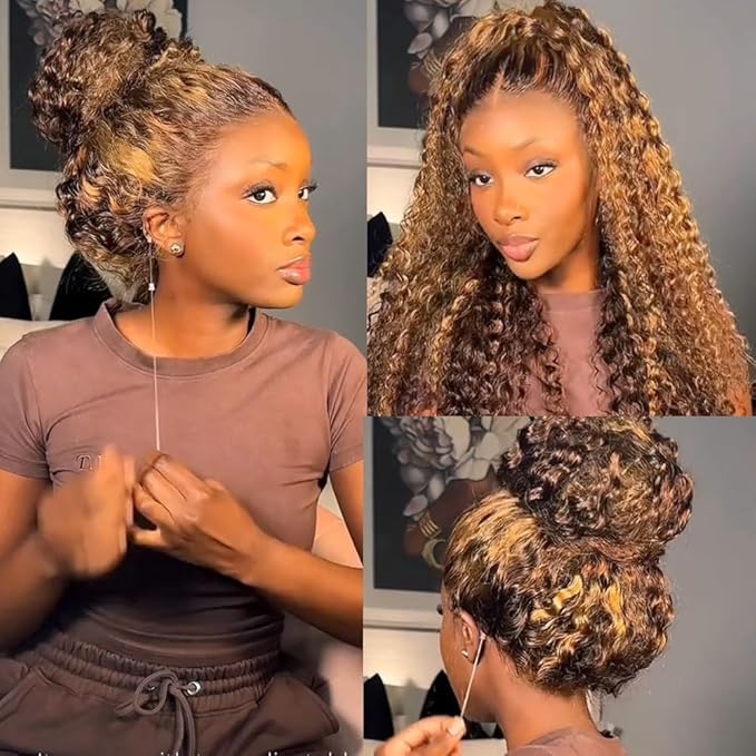 Hidden Strap 360 Water Wave 220% Density Honey Blonde Deep Curly Human Hair wig Ombre Deep Wave 4/27 Highlight Lace Front Wigs Pre Plucked Wet And Wavy Water Wave Wig for Women 18 Inch