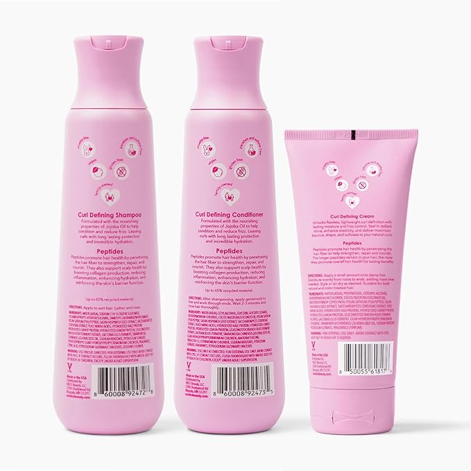 Bundle of V&Co. Beauty Curly Pop Curl Defining Shampoo, Conditioner, and Cream Hair Care with Peptides, Amino Acids & Jojoba Oil for Hydration, Frizz Control & Healthy Curls