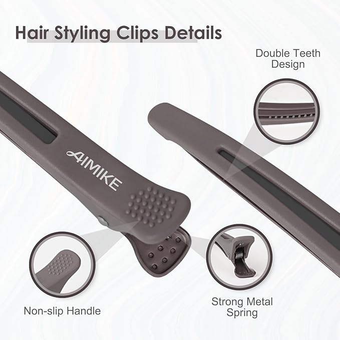 AIMIKE Hair Sectioning Clips with Silicone Band - No Crease Duck Billed Styling Clips for Salon, Cutting, and Rollers (6pcs)