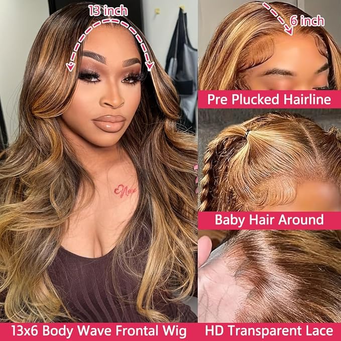 36Inch Highligh Ombre Lace Front Wig Human Hair Highlight Body Wave 13x6 Lace Front Wigs Pre Plucked HD Frontal 180 Density Glueless 4/27 Highlighted Human Hair Wig