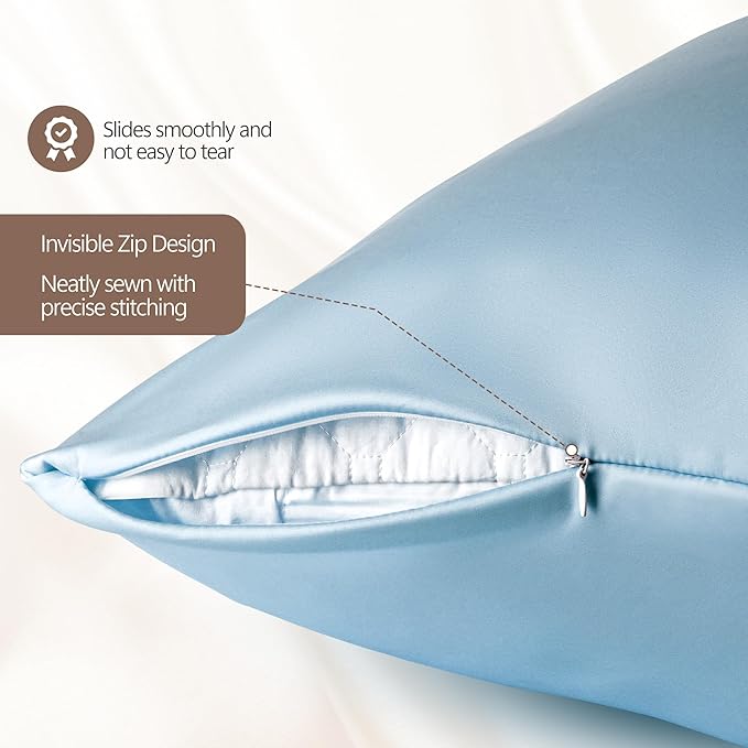 Luxury 6A Mulberry Silk Pillowcase & Silk Pillow Case for Hair & Skin – Anti-Wrinkle, Hidden Zipper – Best Beauty Sleep Solution for Women(Light Blue, Queen)