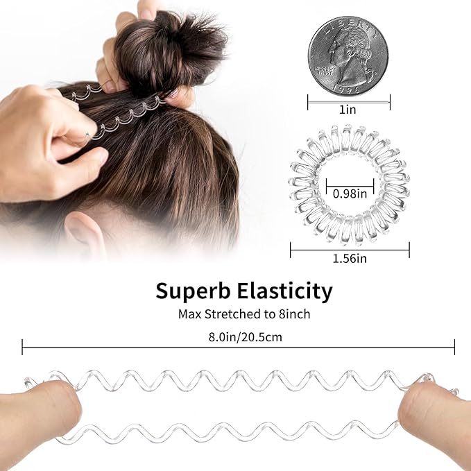16Pcs Spiral Hair Ties, (Clear White) Hair Elastic Coils for Women and Girls, Waterproof Phone Cord Hair Scrunchies Accessories Bands for Ponytails and Updos
