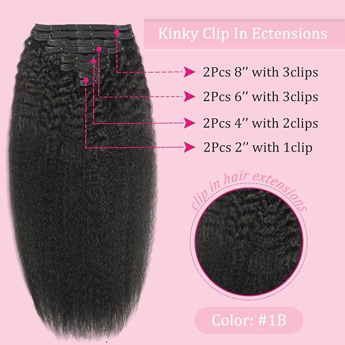 Kinky Straight Clip in Hair Extensions Human Hair Clip in Extensions 110g Clip Ins for Black Women 8Pcs/Pack Double Weft Full Head Natural Black Hair Extensions Human Hair（16Inch）
